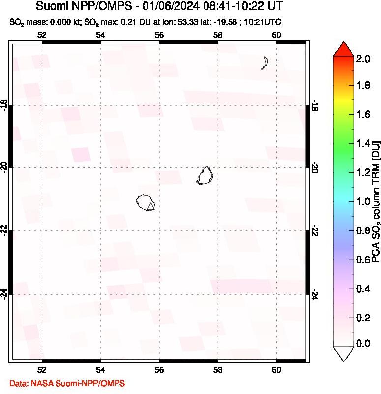 A sulfur dioxide image over Reunion Island, Indian Ocean on Jan 06, 2024.