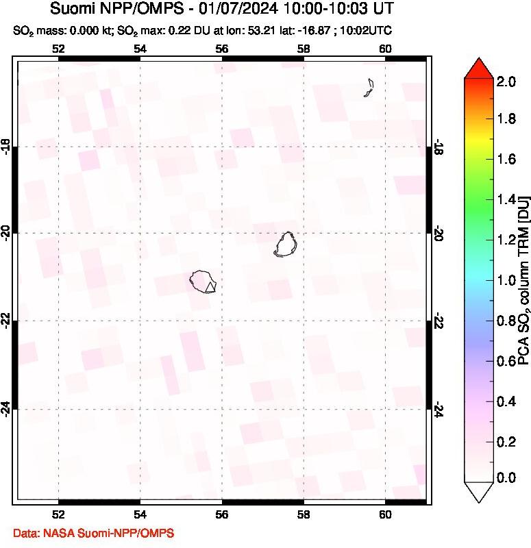 A sulfur dioxide image over Reunion Island, Indian Ocean on Jan 07, 2024.