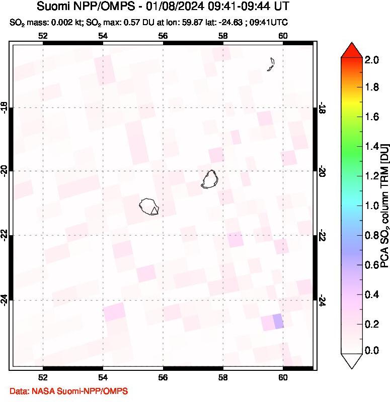 A sulfur dioxide image over Reunion Island, Indian Ocean on Jan 08, 2024.