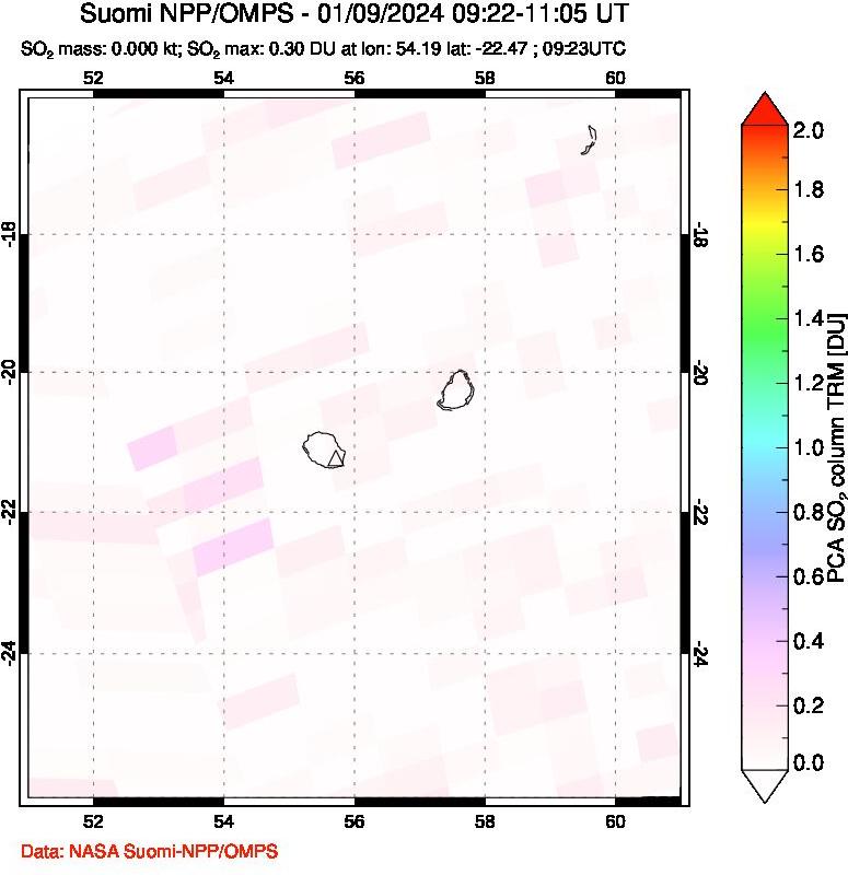 A sulfur dioxide image over Reunion Island, Indian Ocean on Jan 09, 2024.