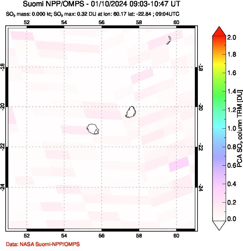 A sulfur dioxide image over Reunion Island, Indian Ocean on Jan 10, 2024.