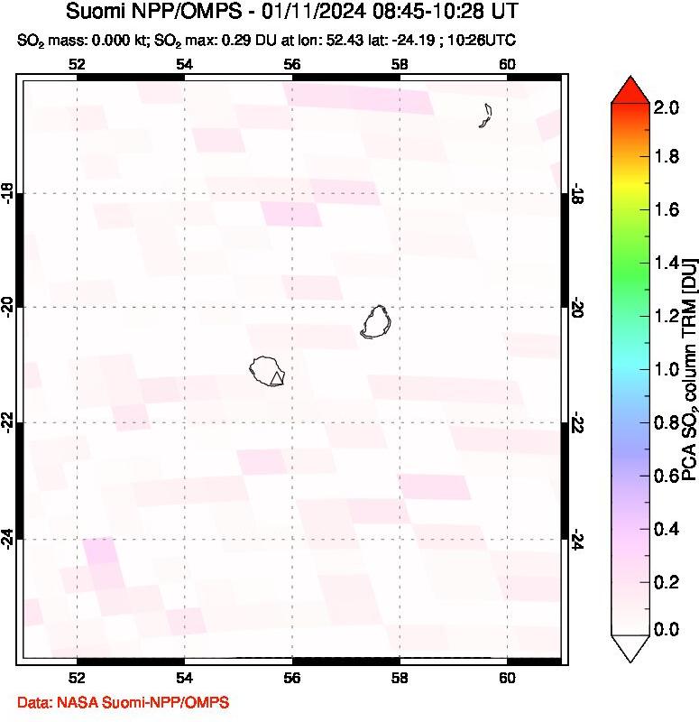 A sulfur dioxide image over Reunion Island, Indian Ocean on Jan 11, 2024.