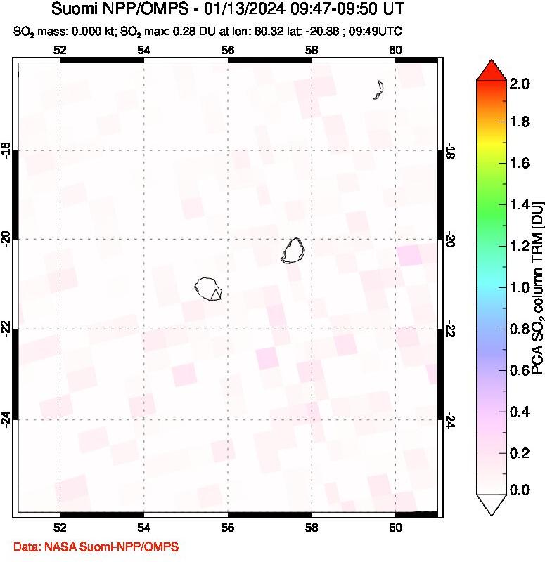 A sulfur dioxide image over Reunion Island, Indian Ocean on Jan 13, 2024.