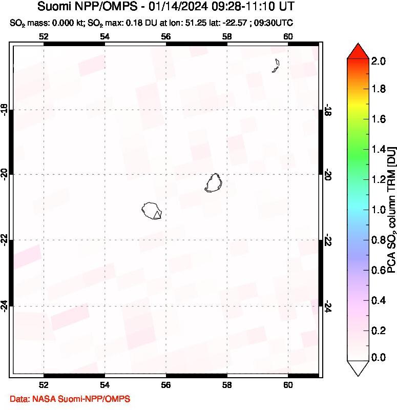 A sulfur dioxide image over Reunion Island, Indian Ocean on Jan 14, 2024.