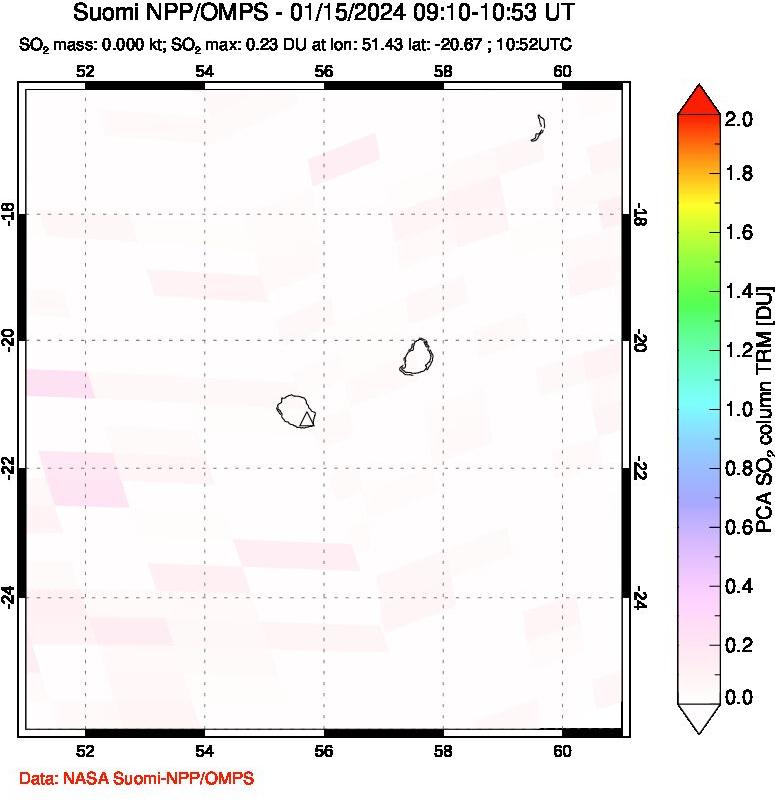 A sulfur dioxide image over Reunion Island, Indian Ocean on Jan 15, 2024.