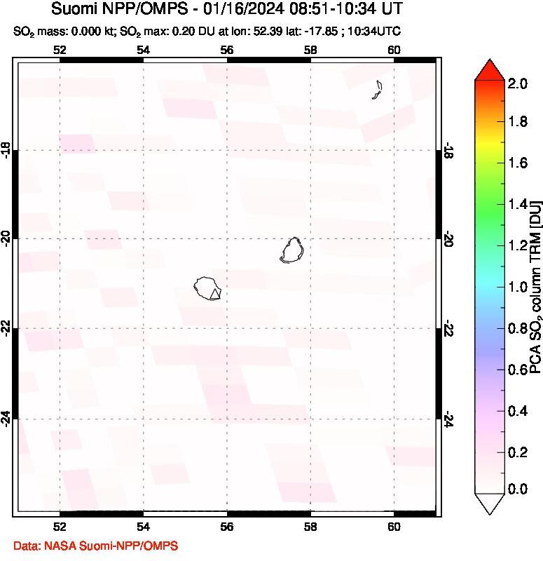 A sulfur dioxide image over Reunion Island, Indian Ocean on Jan 16, 2024.