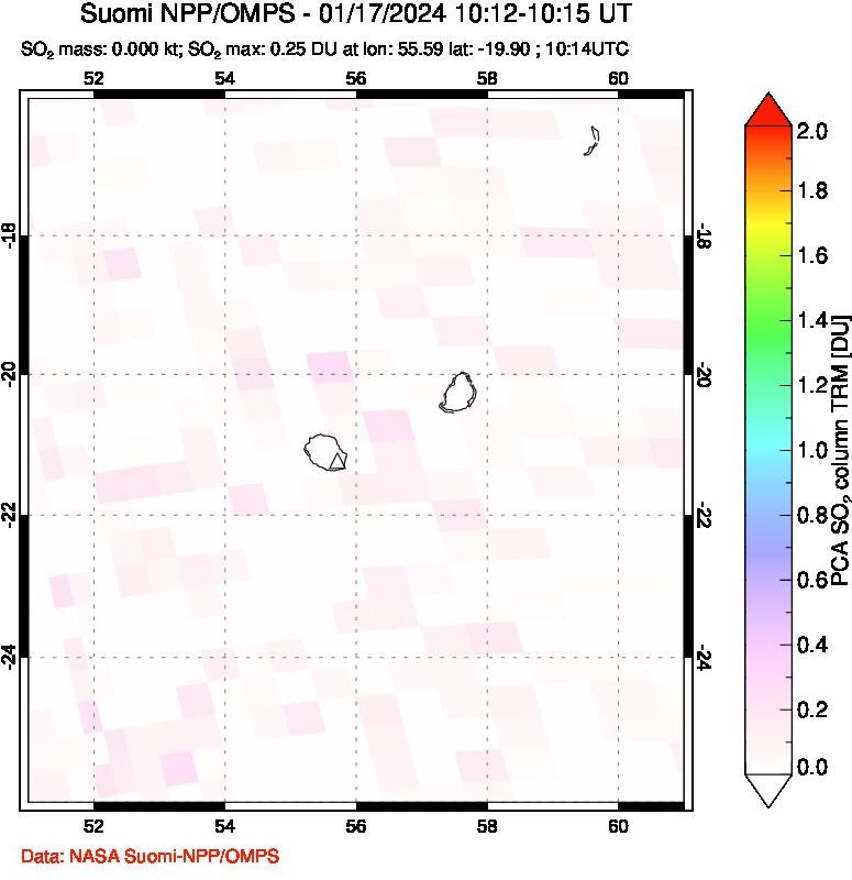 A sulfur dioxide image over Reunion Island, Indian Ocean on Jan 17, 2024.