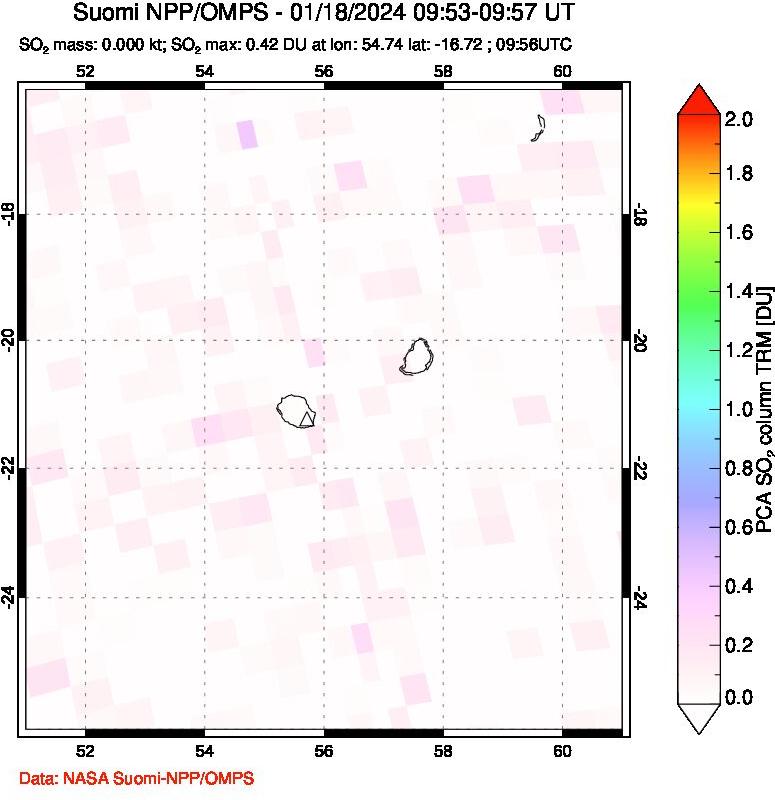 A sulfur dioxide image over Reunion Island, Indian Ocean on Jan 18, 2024.