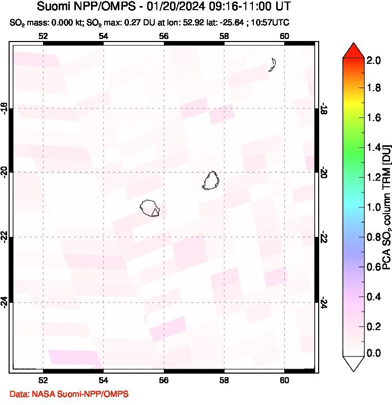 A sulfur dioxide image over Reunion Island, Indian Ocean on Jan 20, 2024.