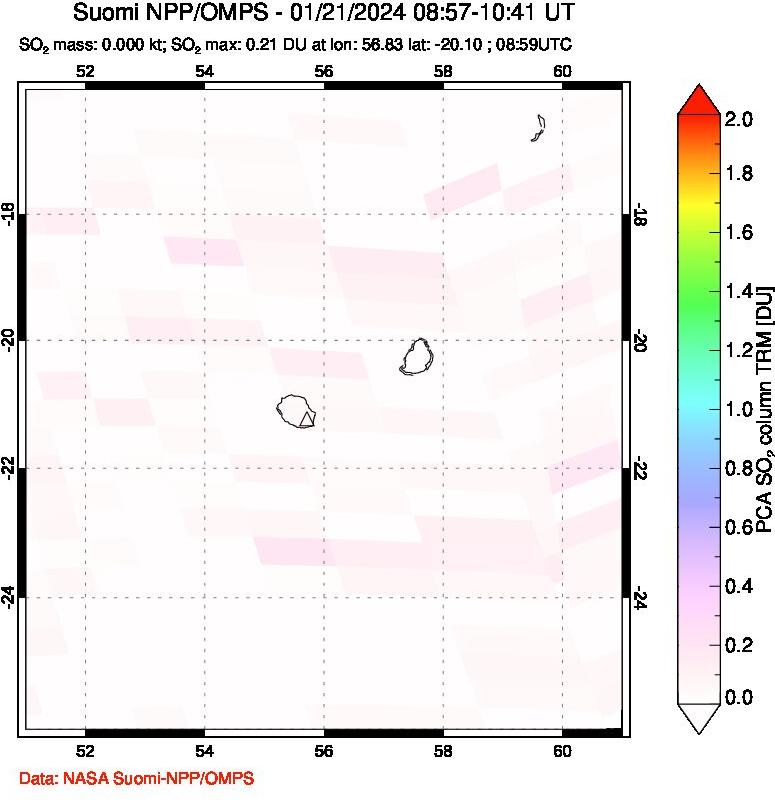 A sulfur dioxide image over Reunion Island, Indian Ocean on Jan 21, 2024.