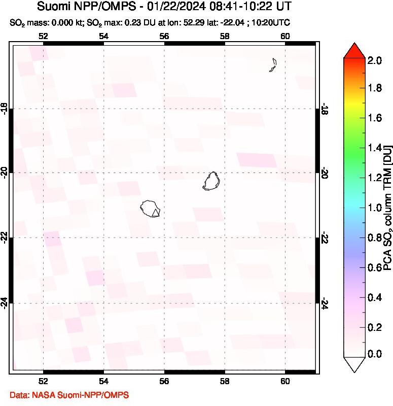 A sulfur dioxide image over Reunion Island, Indian Ocean on Jan 22, 2024.