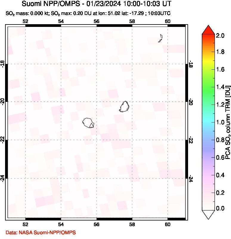 A sulfur dioxide image over Reunion Island, Indian Ocean on Jan 23, 2024.