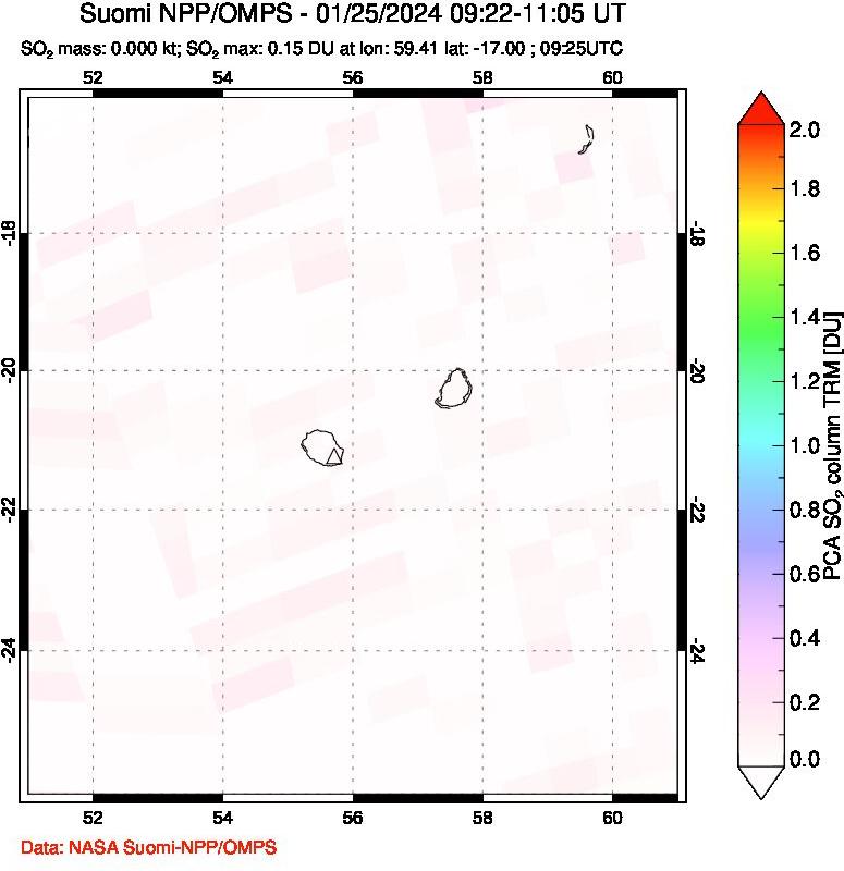 A sulfur dioxide image over Reunion Island, Indian Ocean on Jan 25, 2024.