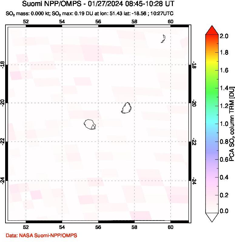 A sulfur dioxide image over Reunion Island, Indian Ocean on Jan 27, 2024.