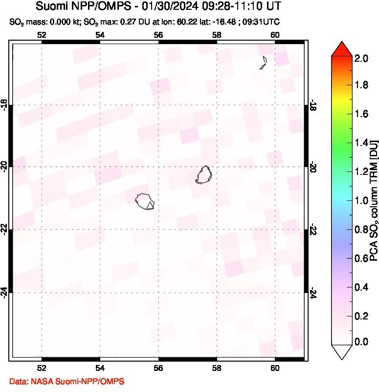 A sulfur dioxide image over Reunion Island, Indian Ocean on Jan 30, 2024.