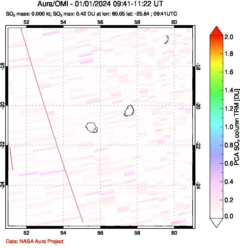 A sulfur dioxide image over Reunion Island, Indian Ocean on Jan 01, 2024.