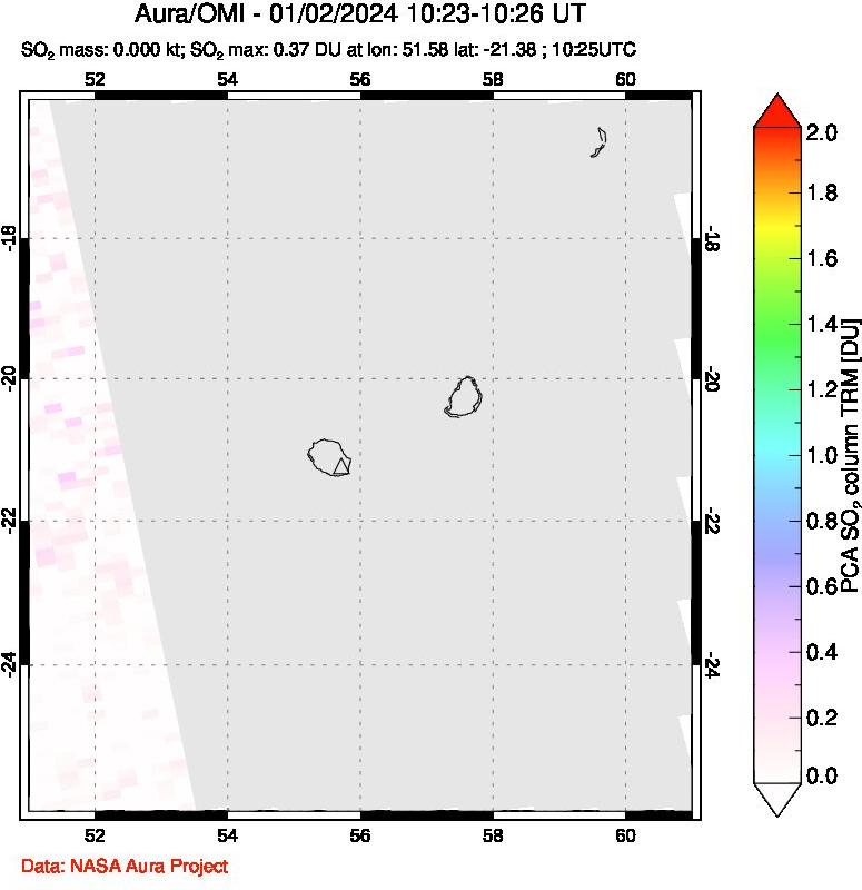 A sulfur dioxide image over Reunion Island, Indian Ocean on Jan 02, 2024.