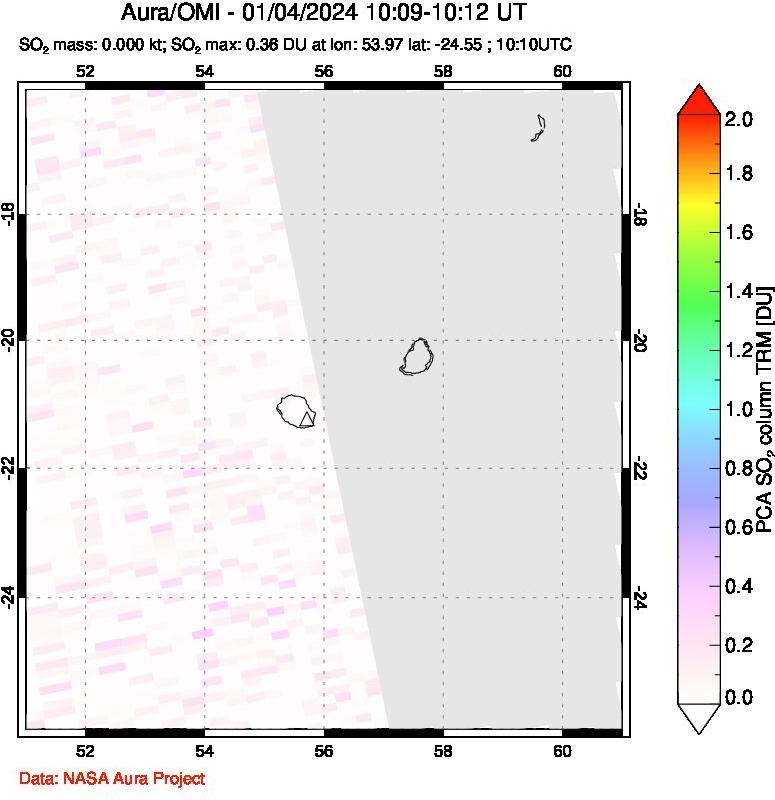 A sulfur dioxide image over Reunion Island, Indian Ocean on Jan 04, 2024.