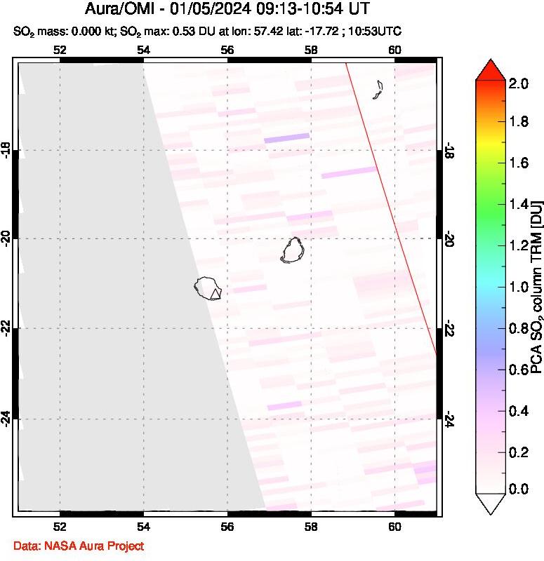 A sulfur dioxide image over Reunion Island, Indian Ocean on Jan 05, 2024.