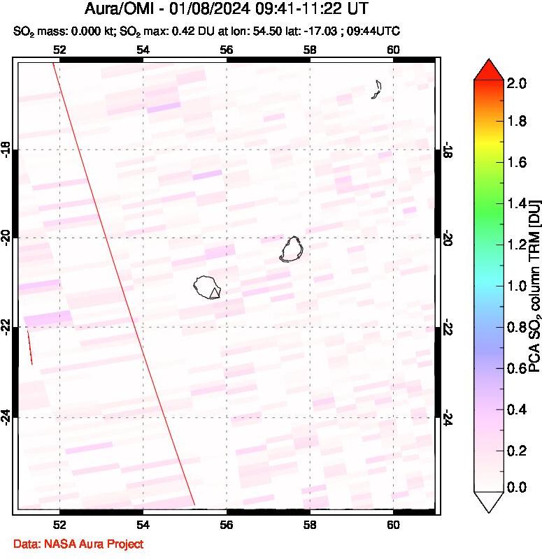 A sulfur dioxide image over Reunion Island, Indian Ocean on Jan 08, 2024.