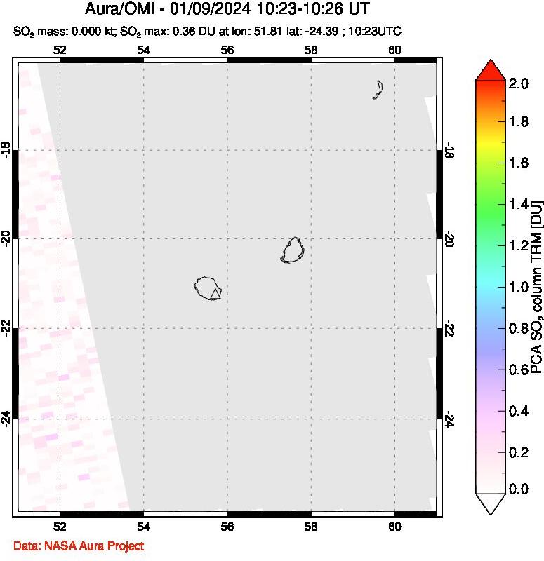 A sulfur dioxide image over Reunion Island, Indian Ocean on Jan 09, 2024.