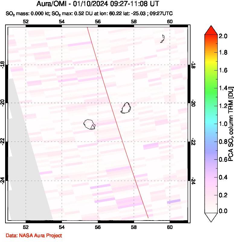 A sulfur dioxide image over Reunion Island, Indian Ocean on Jan 10, 2024.