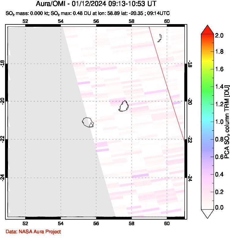 A sulfur dioxide image over Reunion Island, Indian Ocean on Jan 12, 2024.