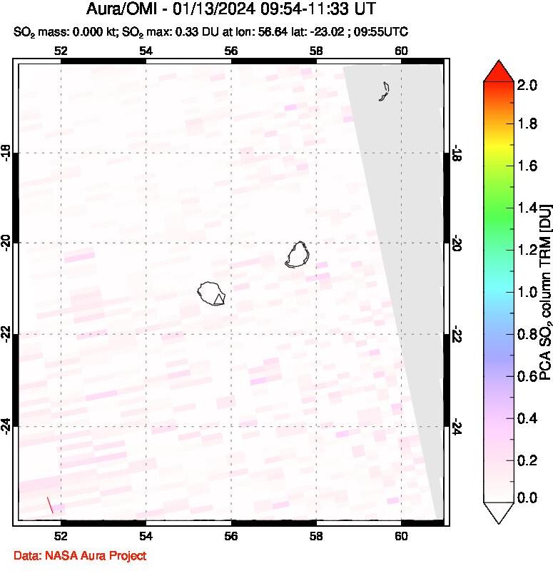 A sulfur dioxide image over Reunion Island, Indian Ocean on Jan 13, 2024.