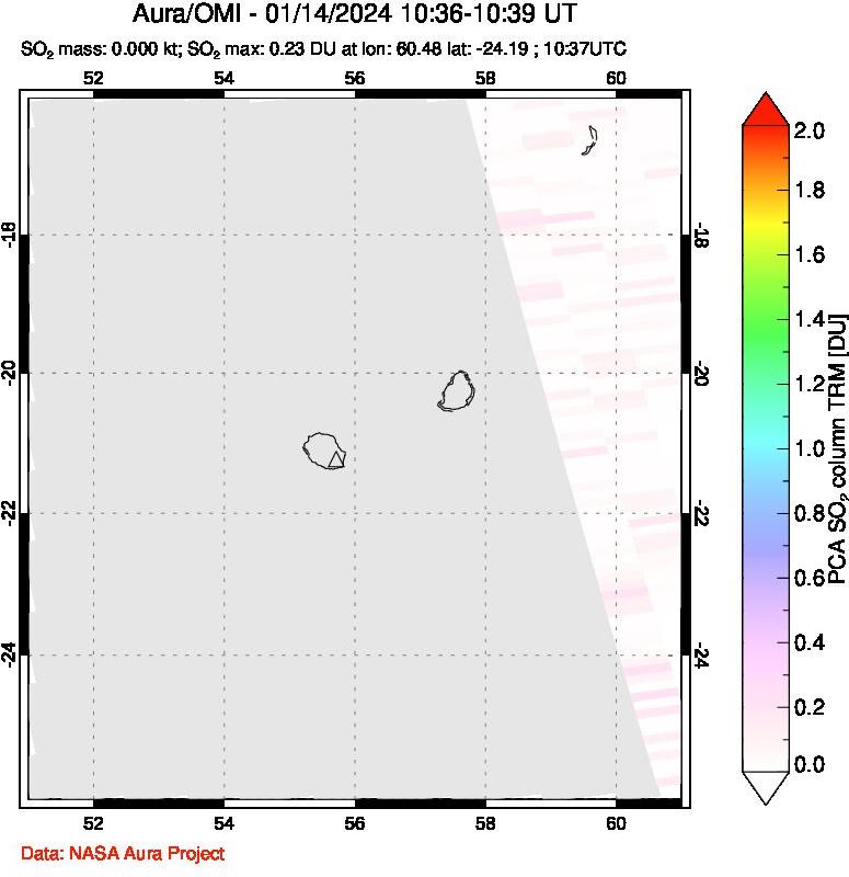 A sulfur dioxide image over Reunion Island, Indian Ocean on Jan 14, 2024.