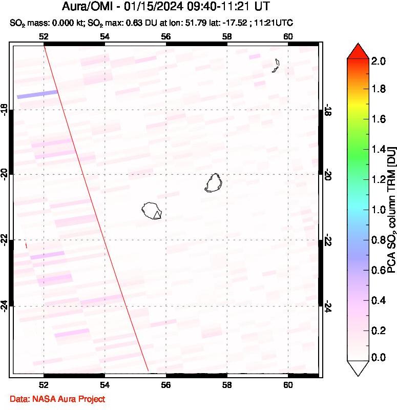 A sulfur dioxide image over Reunion Island, Indian Ocean on Jan 15, 2024.