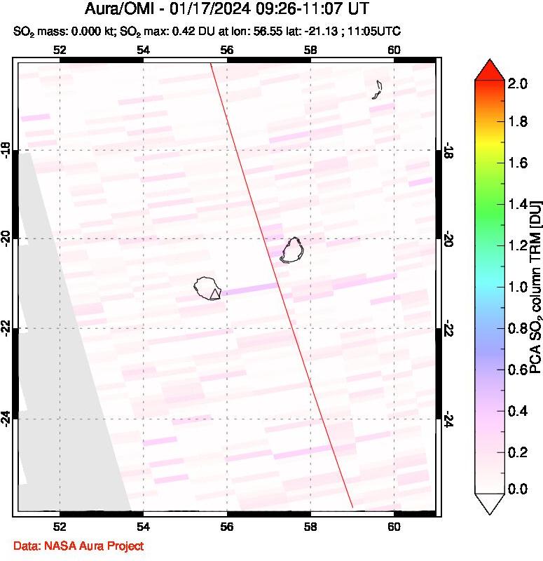 A sulfur dioxide image over Reunion Island, Indian Ocean on Jan 17, 2024.