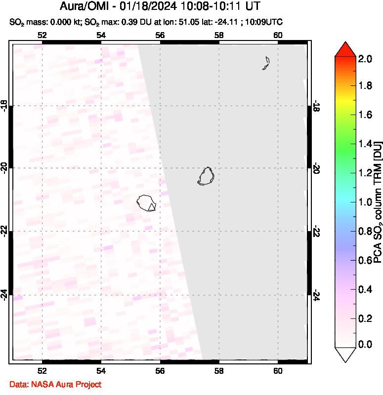 A sulfur dioxide image over Reunion Island, Indian Ocean on Jan 18, 2024.