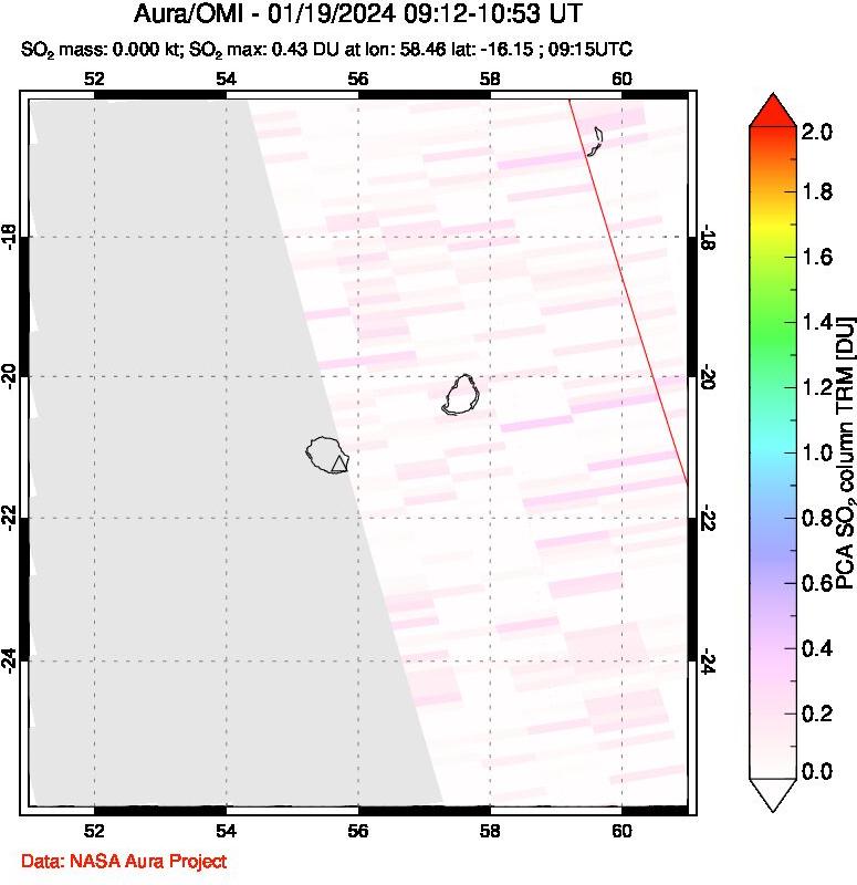 A sulfur dioxide image over Reunion Island, Indian Ocean on Jan 19, 2024.