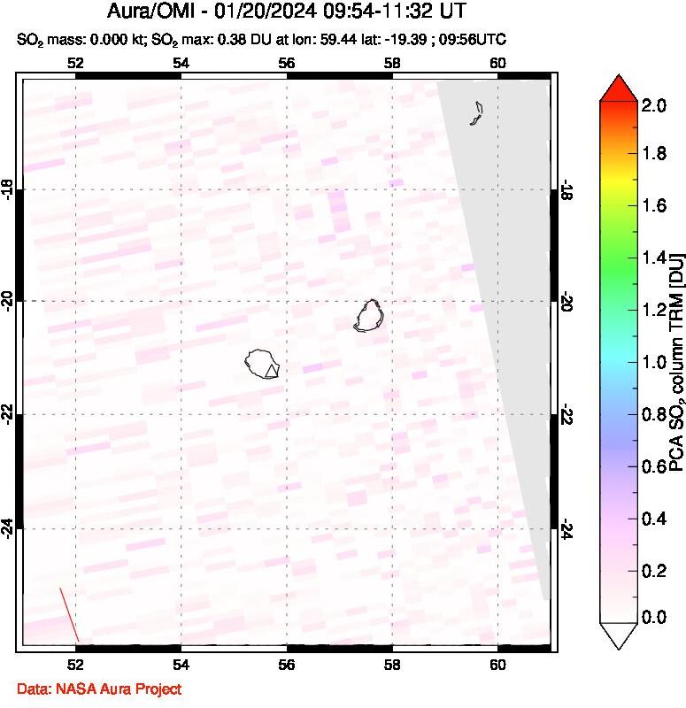 A sulfur dioxide image over Reunion Island, Indian Ocean on Jan 20, 2024.