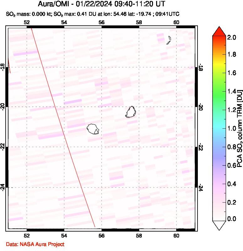 A sulfur dioxide image over Reunion Island, Indian Ocean on Jan 22, 2024.