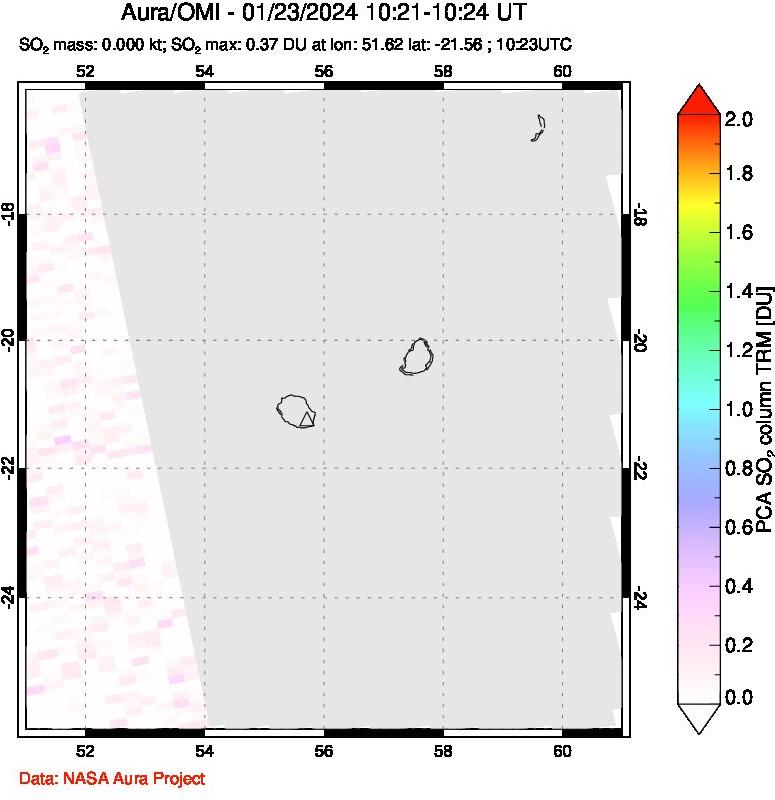 A sulfur dioxide image over Reunion Island, Indian Ocean on Jan 23, 2024.