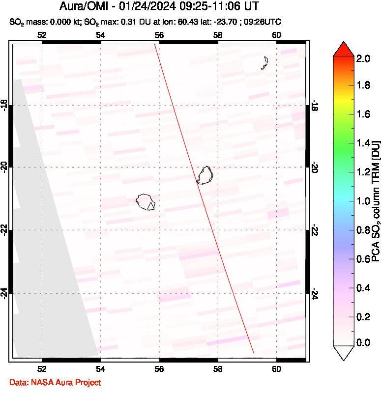 A sulfur dioxide image over Reunion Island, Indian Ocean on Jan 24, 2024.