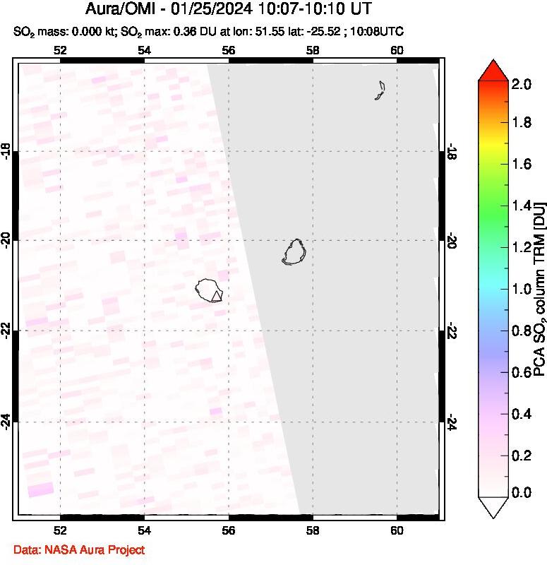 A sulfur dioxide image over Reunion Island, Indian Ocean on Jan 25, 2024.