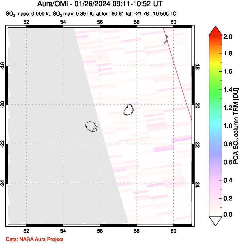 A sulfur dioxide image over Reunion Island, Indian Ocean on Jan 26, 2024.