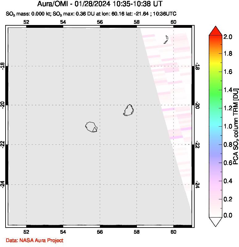 A sulfur dioxide image over Reunion Island, Indian Ocean on Jan 28, 2024.