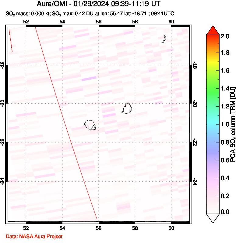 A sulfur dioxide image over Reunion Island, Indian Ocean on Jan 29, 2024.