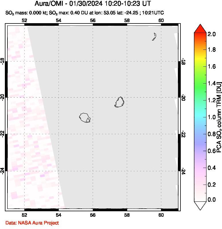 A sulfur dioxide image over Reunion Island, Indian Ocean on Jan 30, 2024.