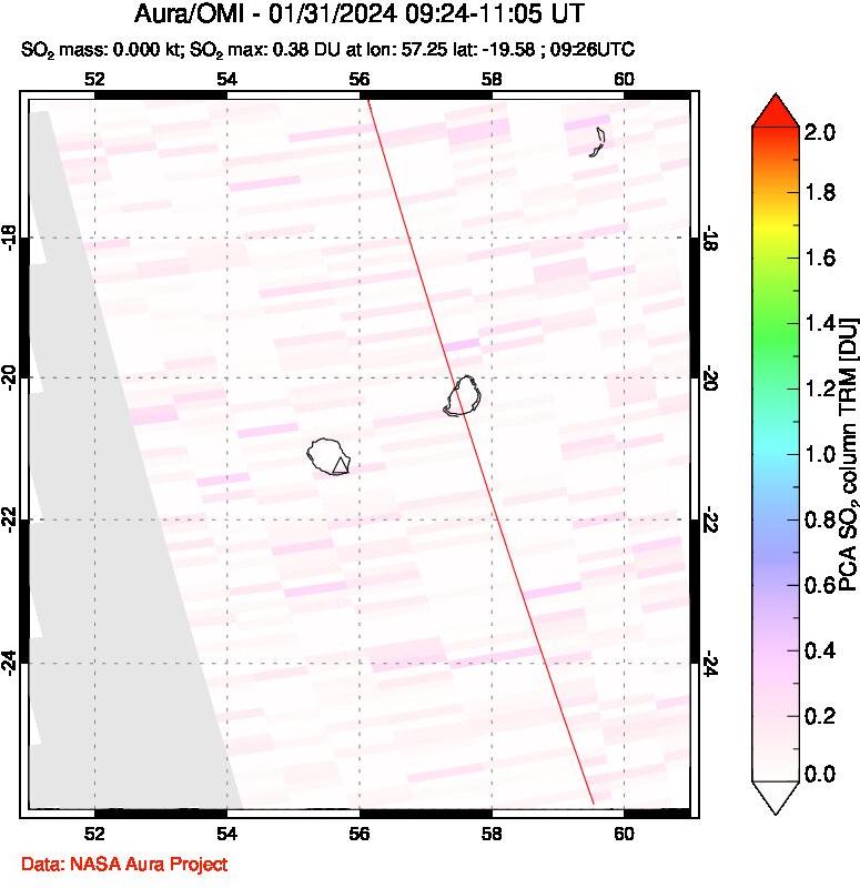 A sulfur dioxide image over Reunion Island, Indian Ocean on Jan 31, 2024.