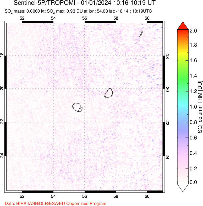 A sulfur dioxide image over Reunion Island, Indian Ocean on Jan 01, 2024.