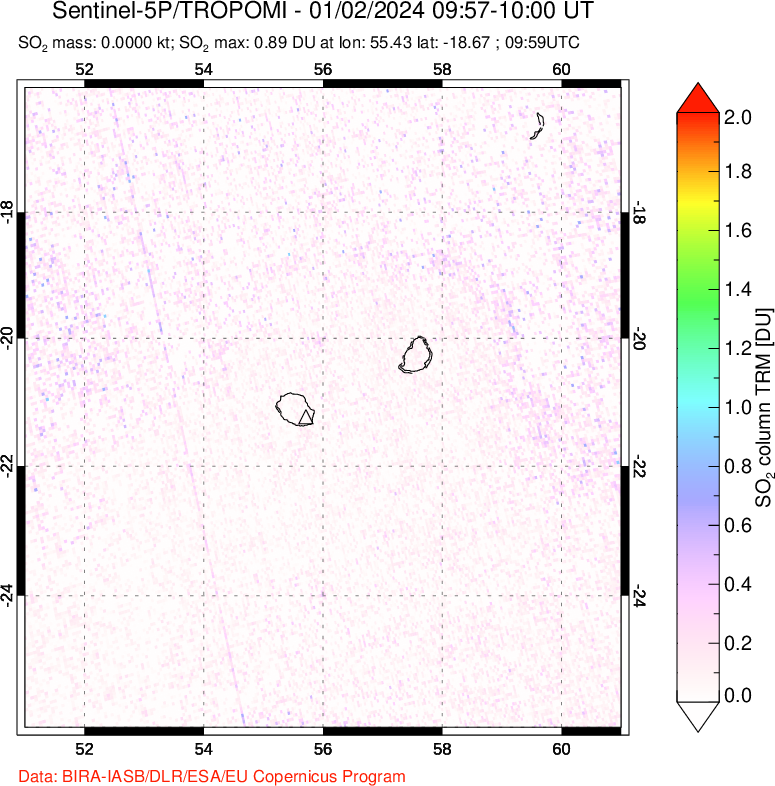 A sulfur dioxide image over Reunion Island, Indian Ocean on Jan 02, 2024.