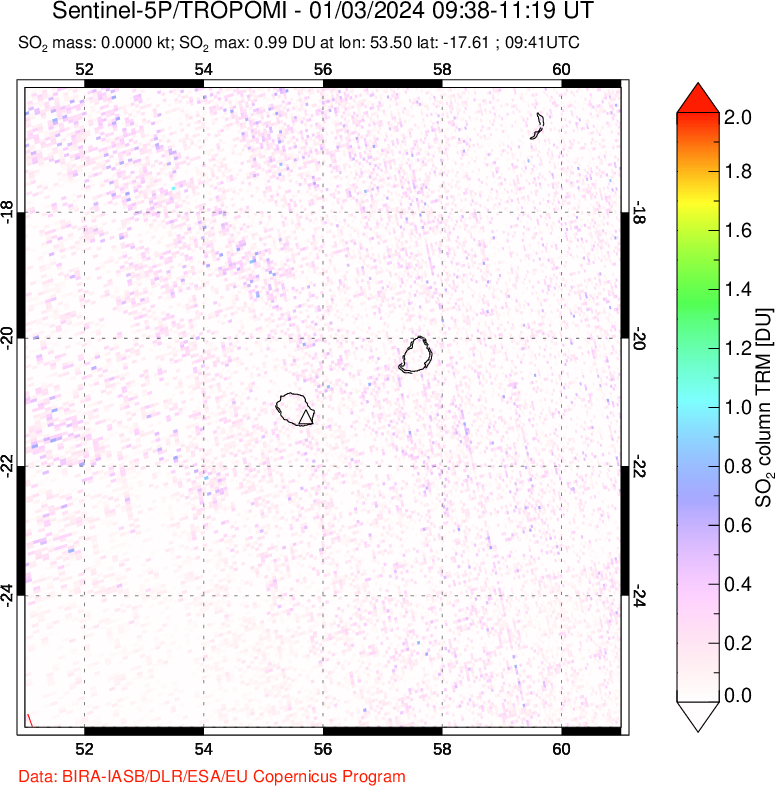 A sulfur dioxide image over Reunion Island, Indian Ocean on Jan 03, 2024.