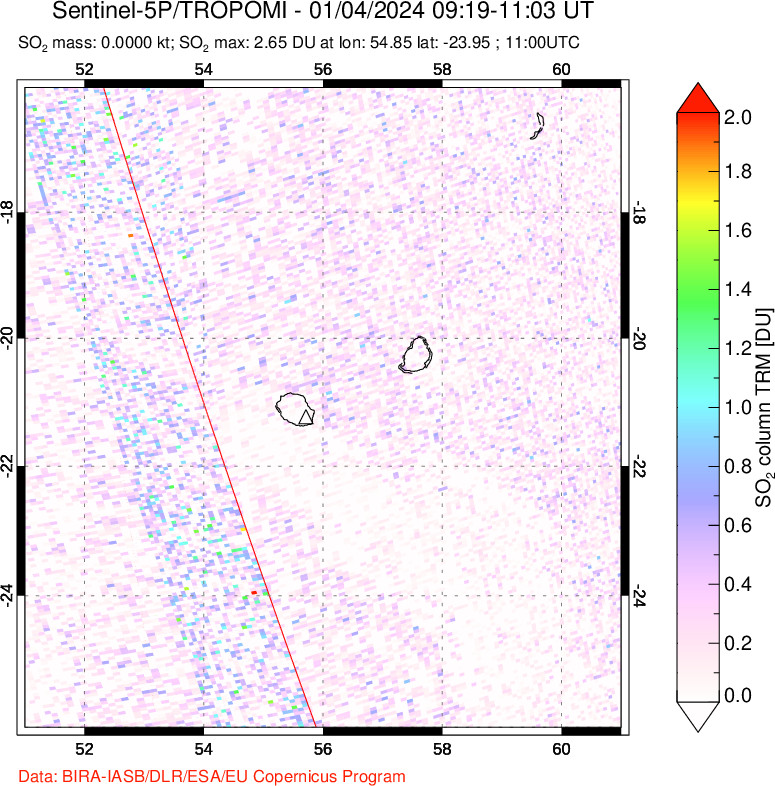 A sulfur dioxide image over Reunion Island, Indian Ocean on Jan 04, 2024.