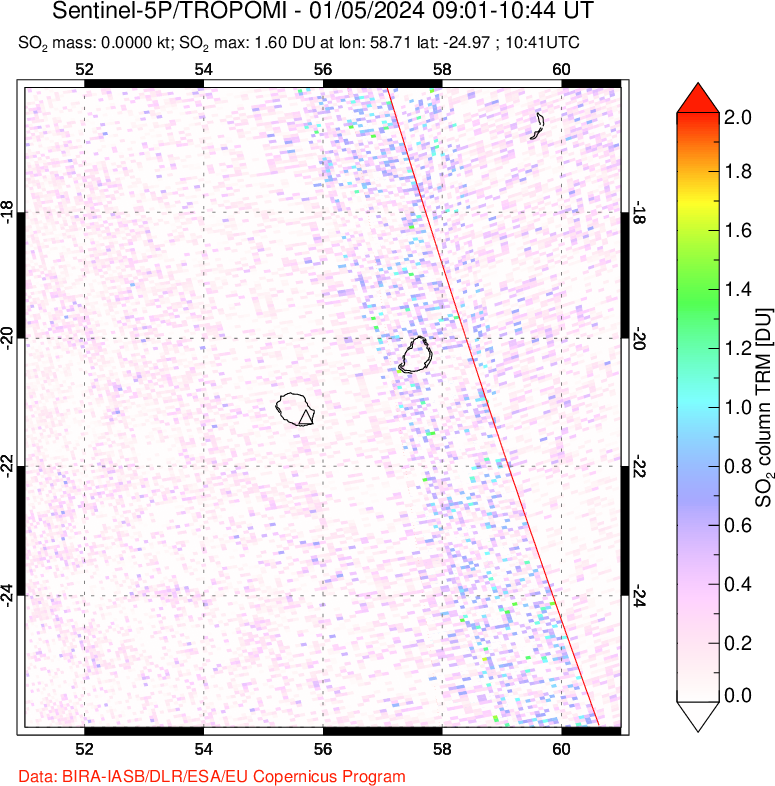 A sulfur dioxide image over Reunion Island, Indian Ocean on Jan 05, 2024.