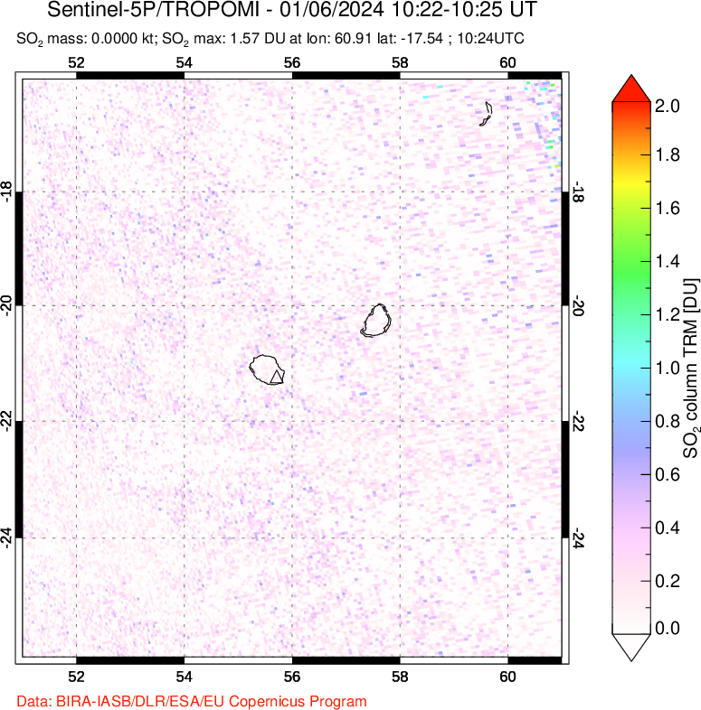 A sulfur dioxide image over Reunion Island, Indian Ocean on Jan 06, 2024.