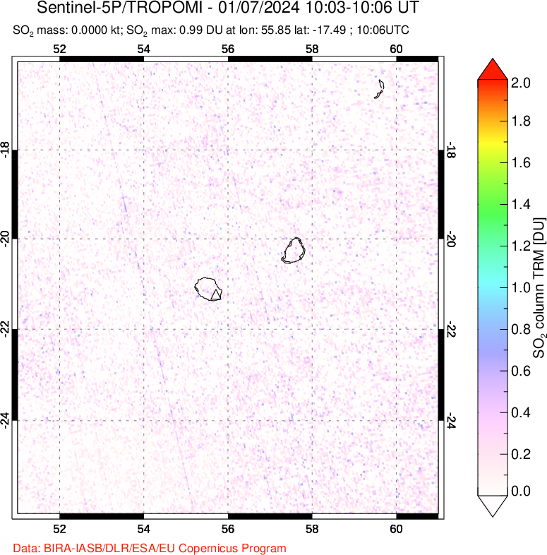 A sulfur dioxide image over Reunion Island, Indian Ocean on Jan 07, 2024.